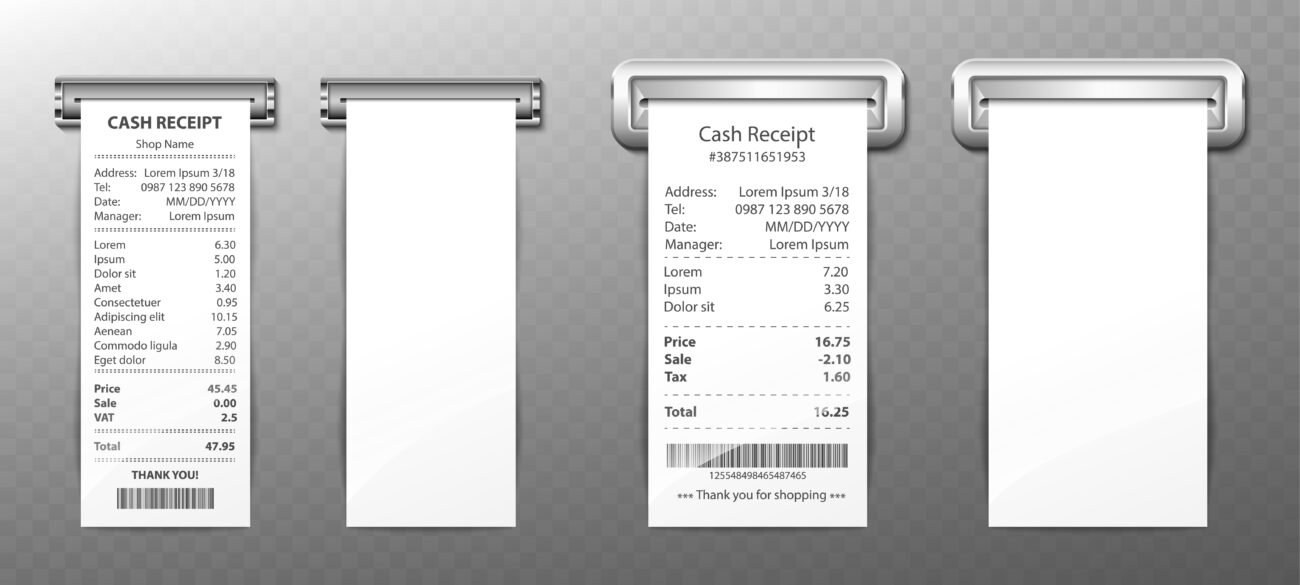 Cash receipt out of sloth, paper bill, purchase invoice, retail sum check with money total cost, store sale payment. Empty and filled blanks isolated on transparent background. Realistic 3d vector set