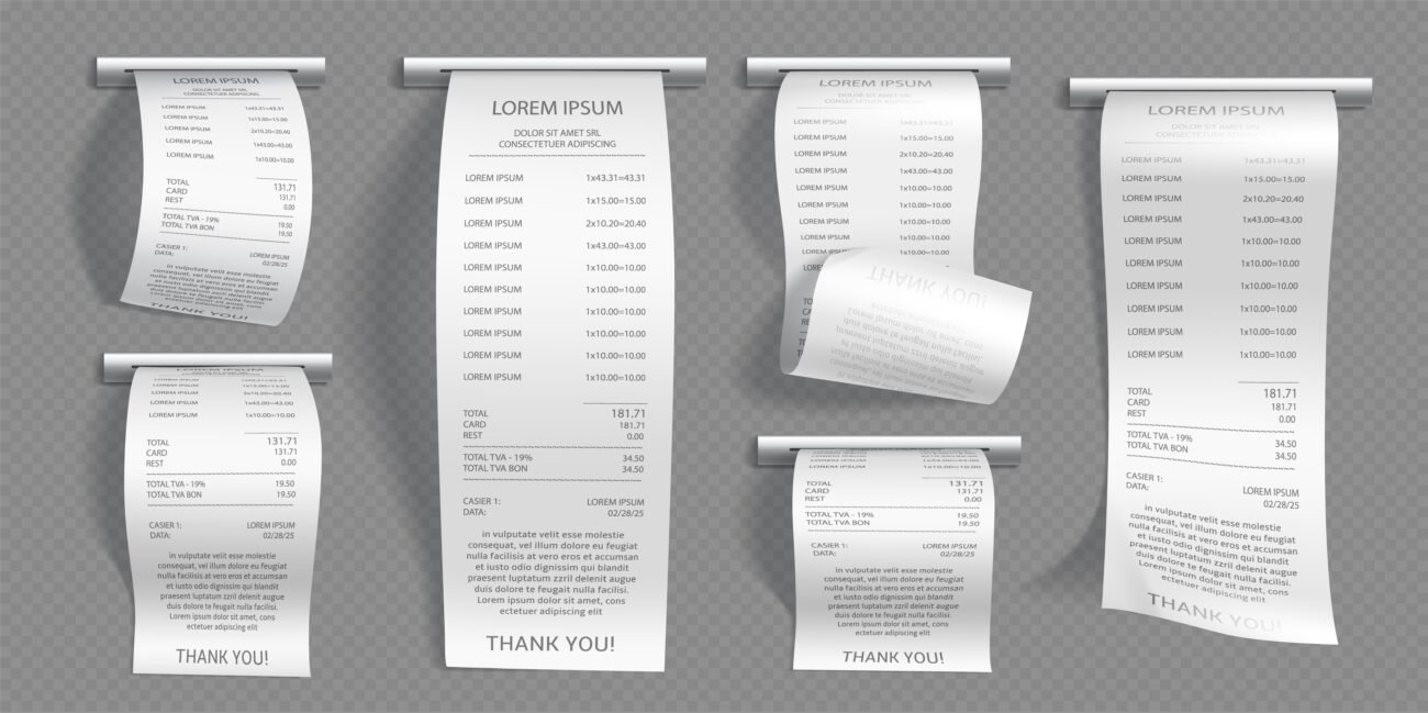 Realistic set of shop receipts isolated on transparent background. Vector illustration of cash paper bill, purchase invoice slipping out of atm slot. Supermarket shopping check with prices, total cost
